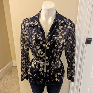 Vintage sheer blue and tan floral print lace open front top size M